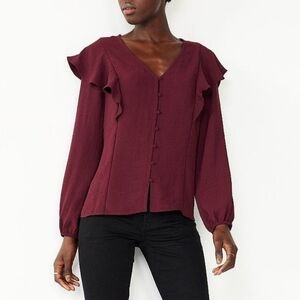 Nine West v neck flounce trim button down blouse, small, purple